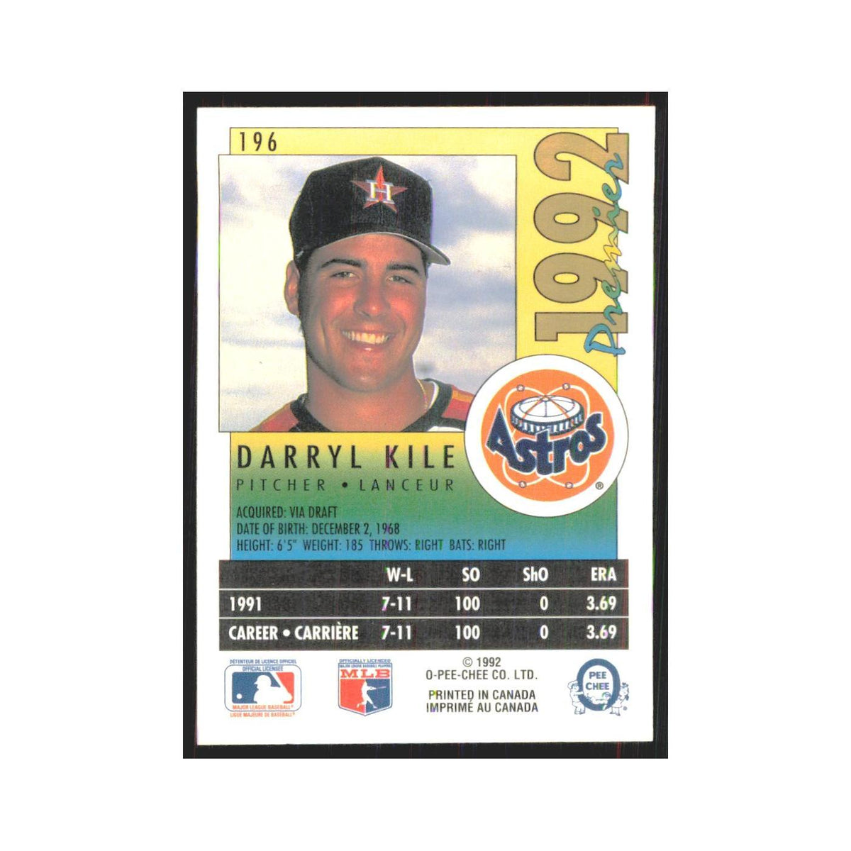 1992 O-Pee-Chee Premier Darryl Kile Astros #196