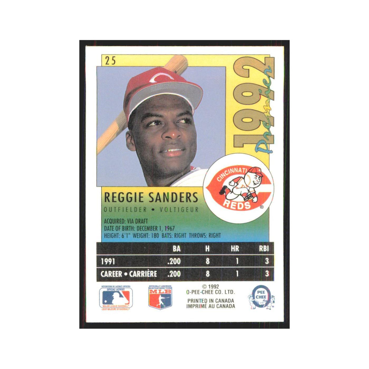 1992 O-Pee-Chee Premier Reggie Sanders Reds #25