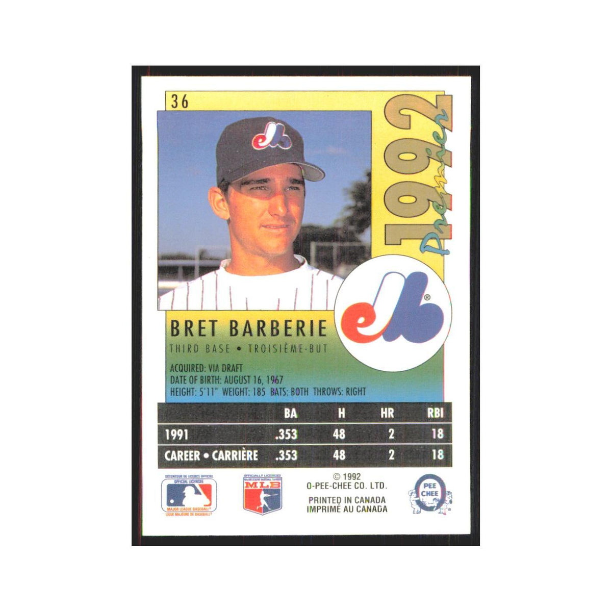 1992 O-Pee-Chee Premier Bret Barberie Montreal Expos #36
