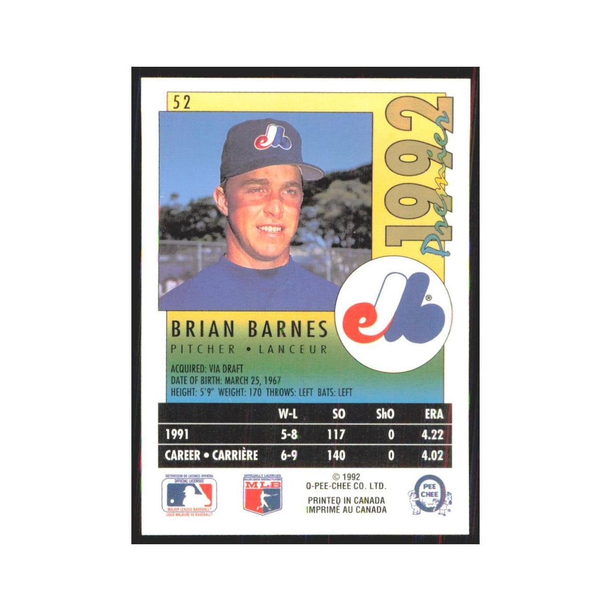 1992 O-Pee-Chee Premier Brian Barnes Montreal Expos #52