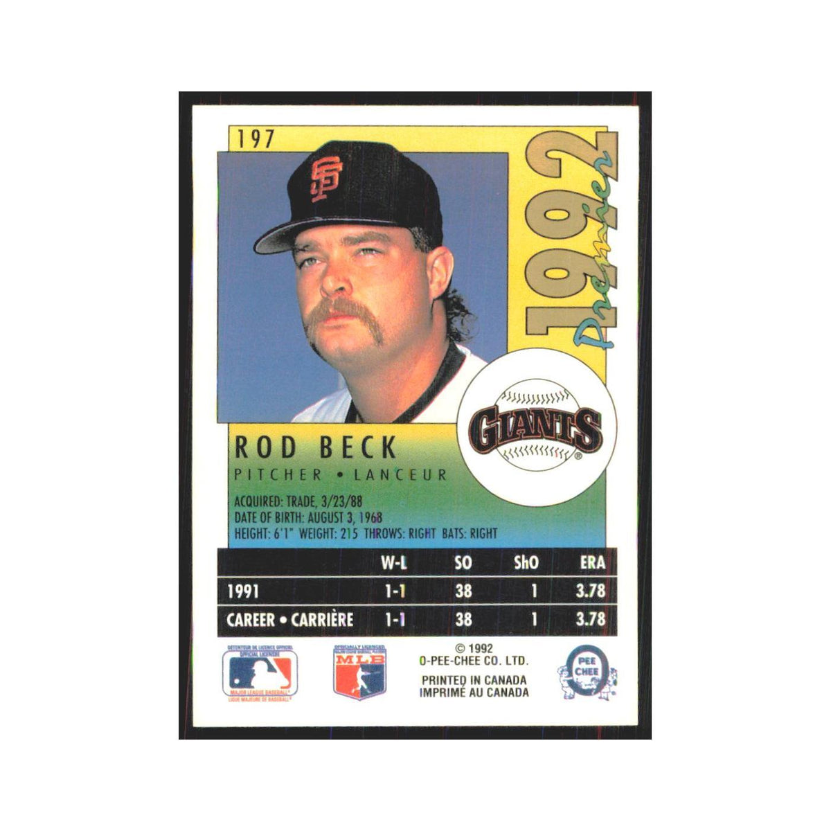 1992 O-Pee-Chee Premier Rod Beck Giants #197
