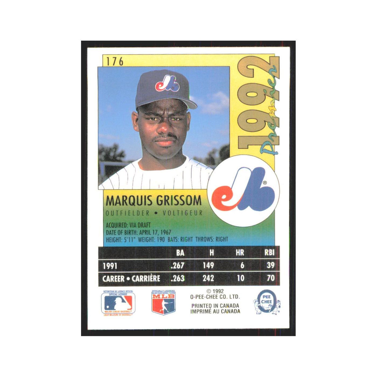 1992 O-Pee-Chee Premier Marquis Grissom Montreal Expos #176