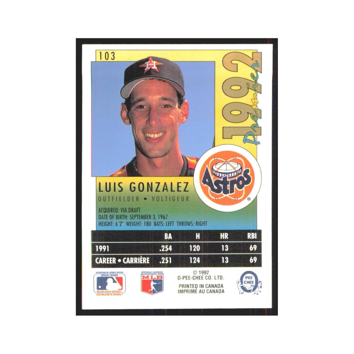 1992 O-Pee-Chee Premier Luis Gonzalez Astros #103