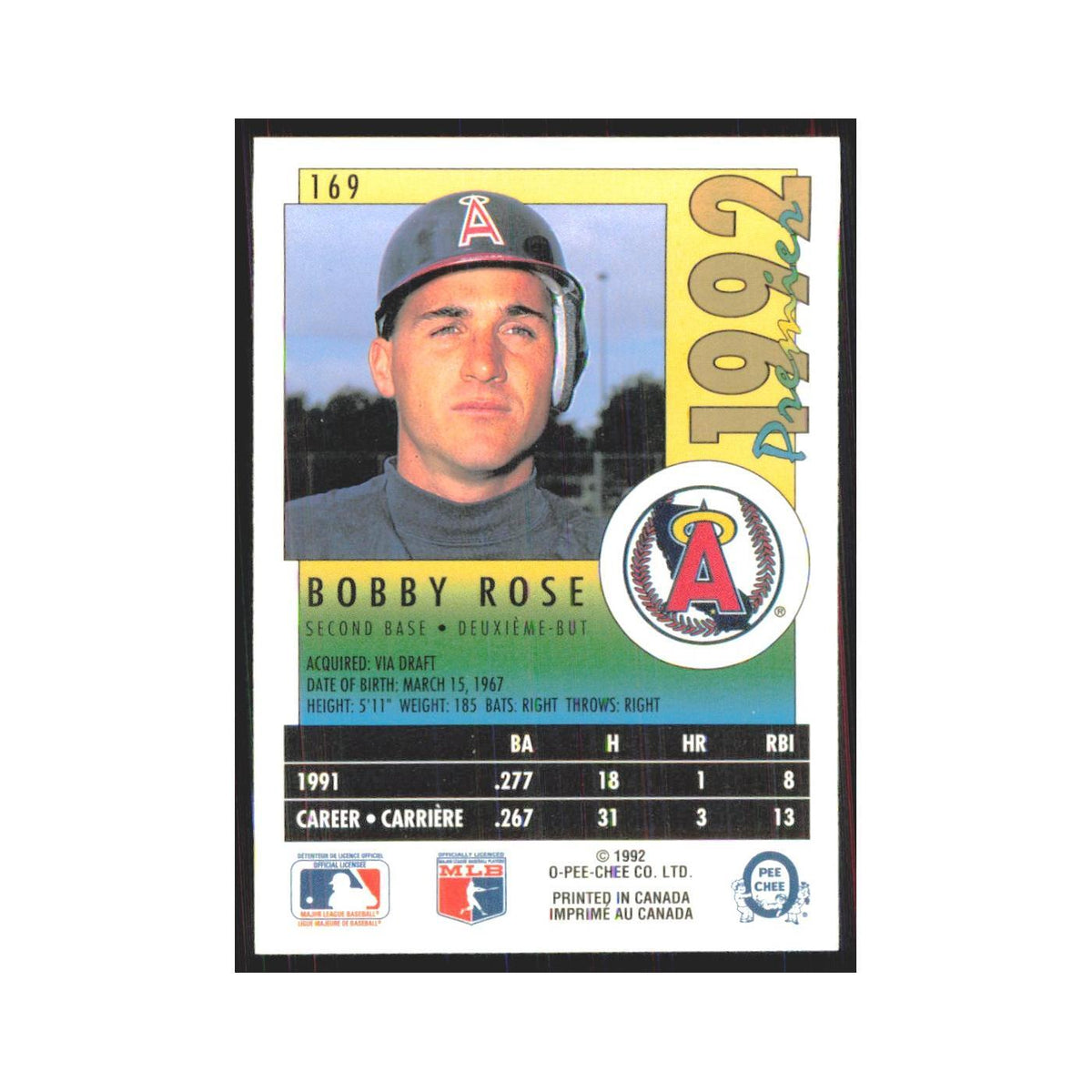 1992 O-Pee-Chee Premier Bobby Rose Angels #169