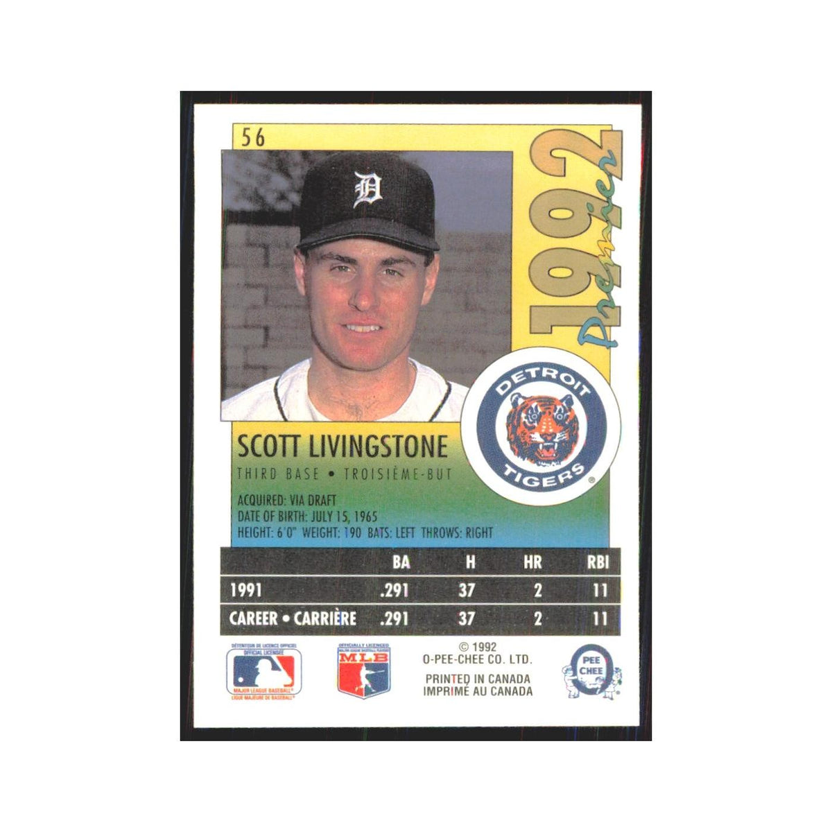 1992 O-Pee-Chee Premier Scott Livingstone Tigers #56