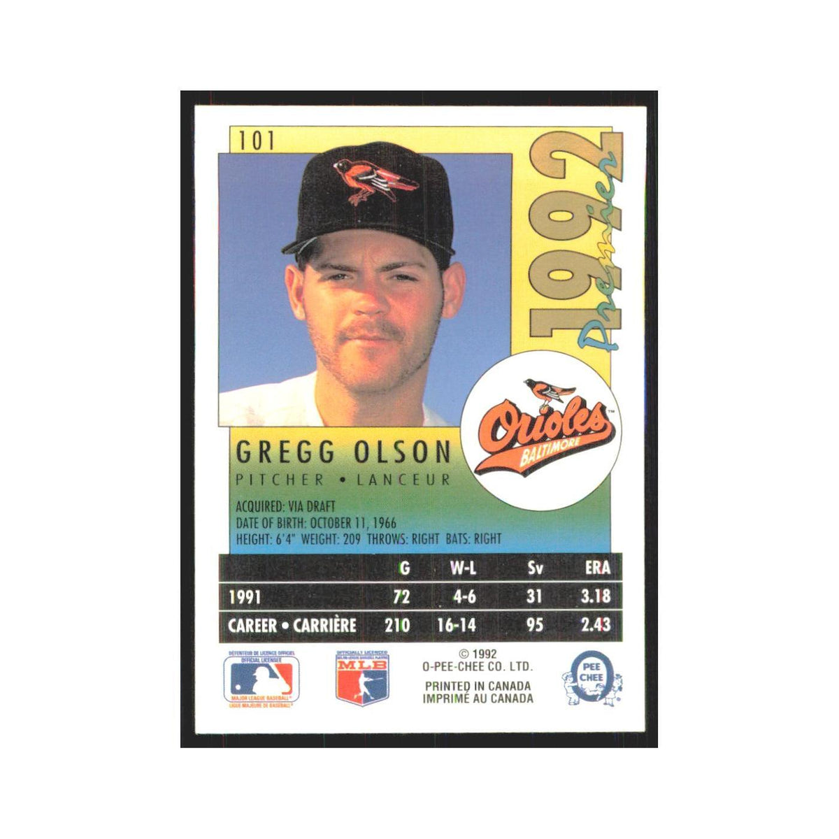 1992 O-Pee-Chee Premier Gregg Olson Orioles #101