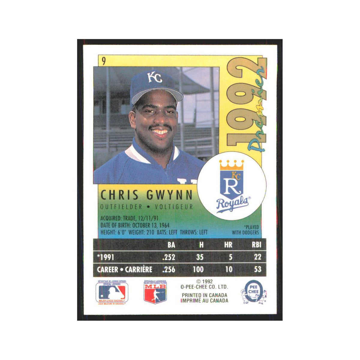 1992 O-Pee-Chee Premier Chris Gwynn Royals #9