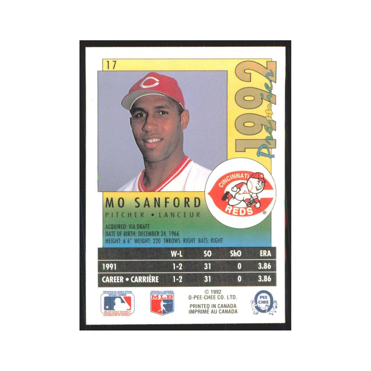 1992 O-Pee-Chee Premier Mo Sanford Reds #17