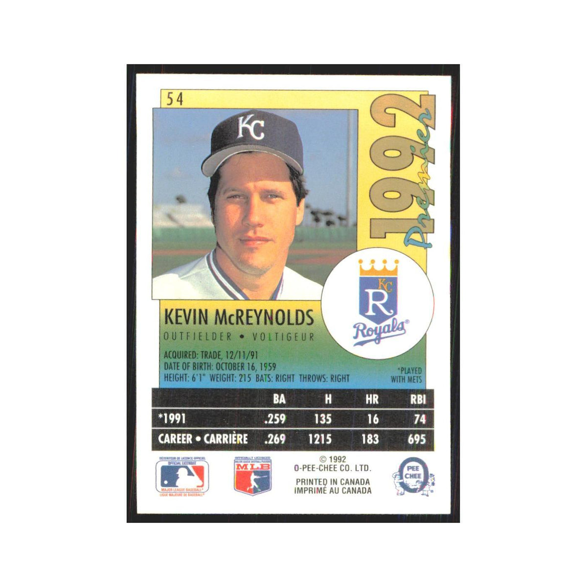 1992 O-Pee-Chee Premier Kevin McReynolds Royals #54