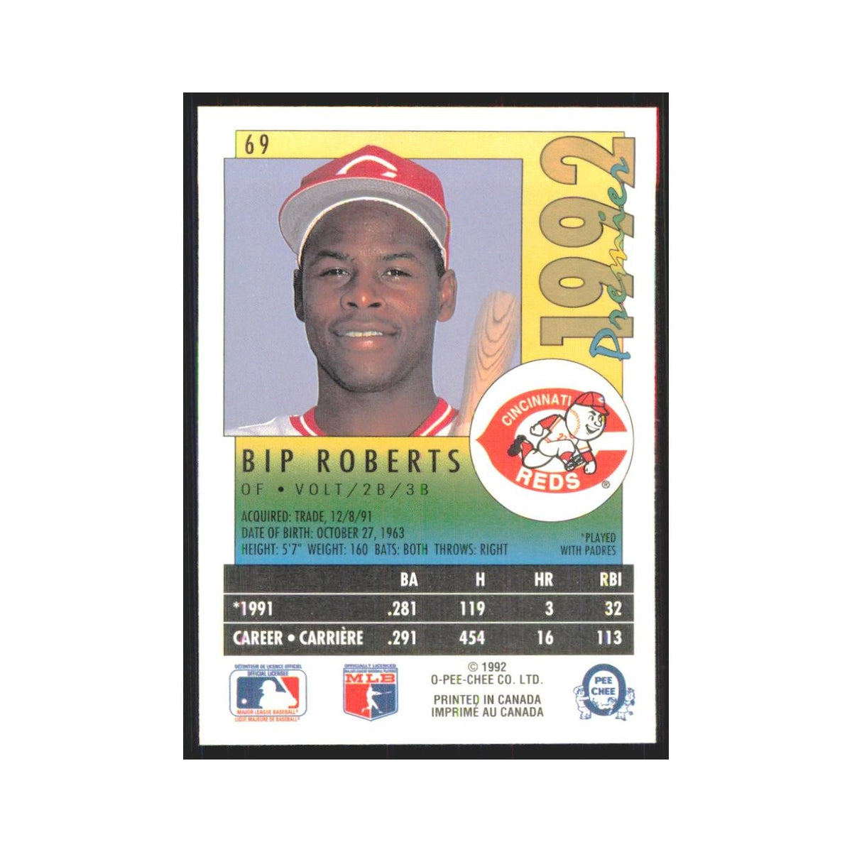 1992 O-Pee-Chee Premier Bip Roberts Reds #69