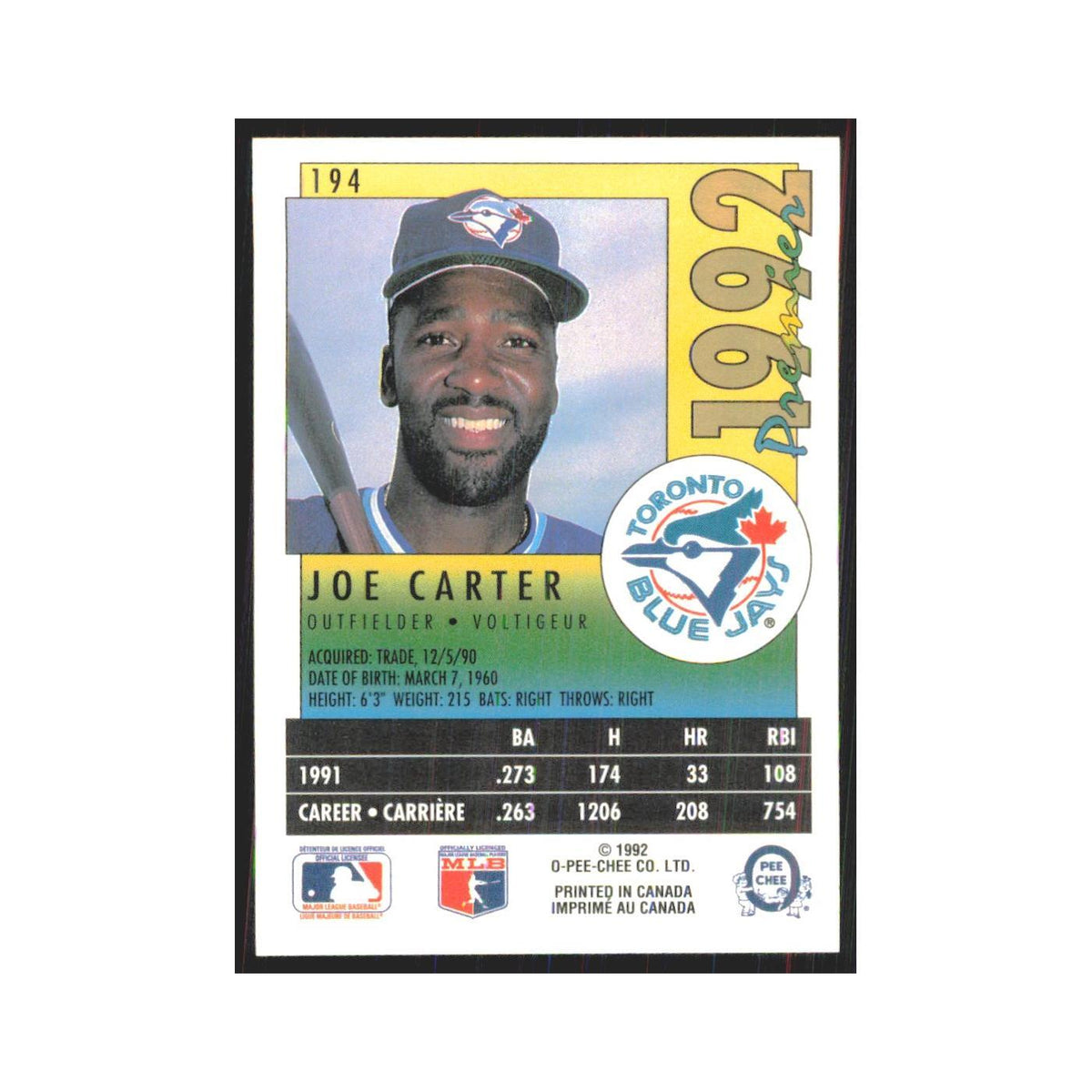1992 O-Pee-Chee Premier Joe Carter Blue Jays #194
