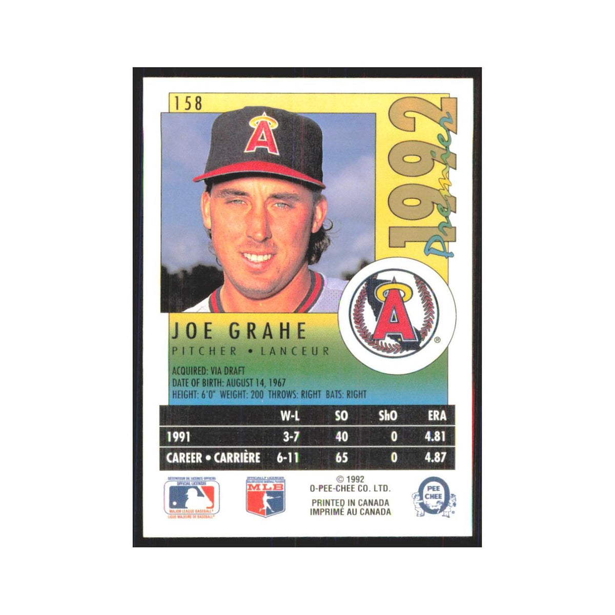 1992 O-Pee-Chee Premier Joe Grahe Angels #158
