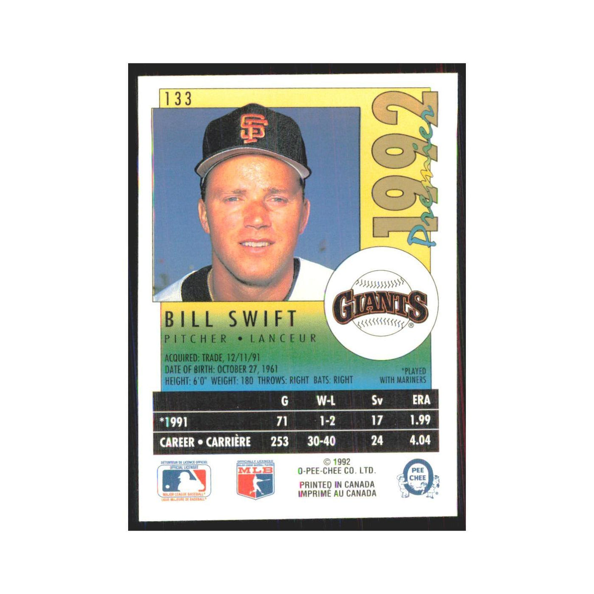 1992 O-Pee-Chee Premier Bill Swift Giants #133