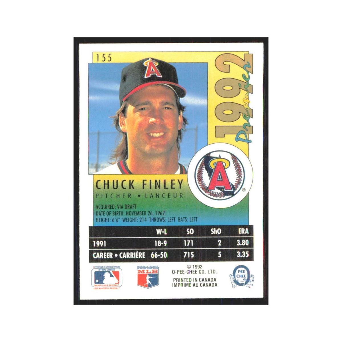 1992 O-Pee-Chee Premier Chuck Finley Angels #155