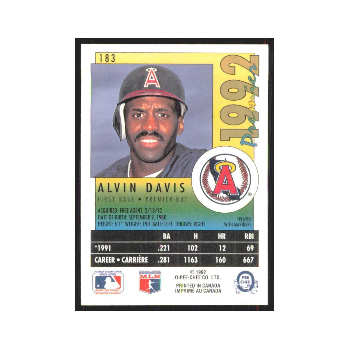 1992 O-Pee-Chee Premier Alvin Davis Angels #183