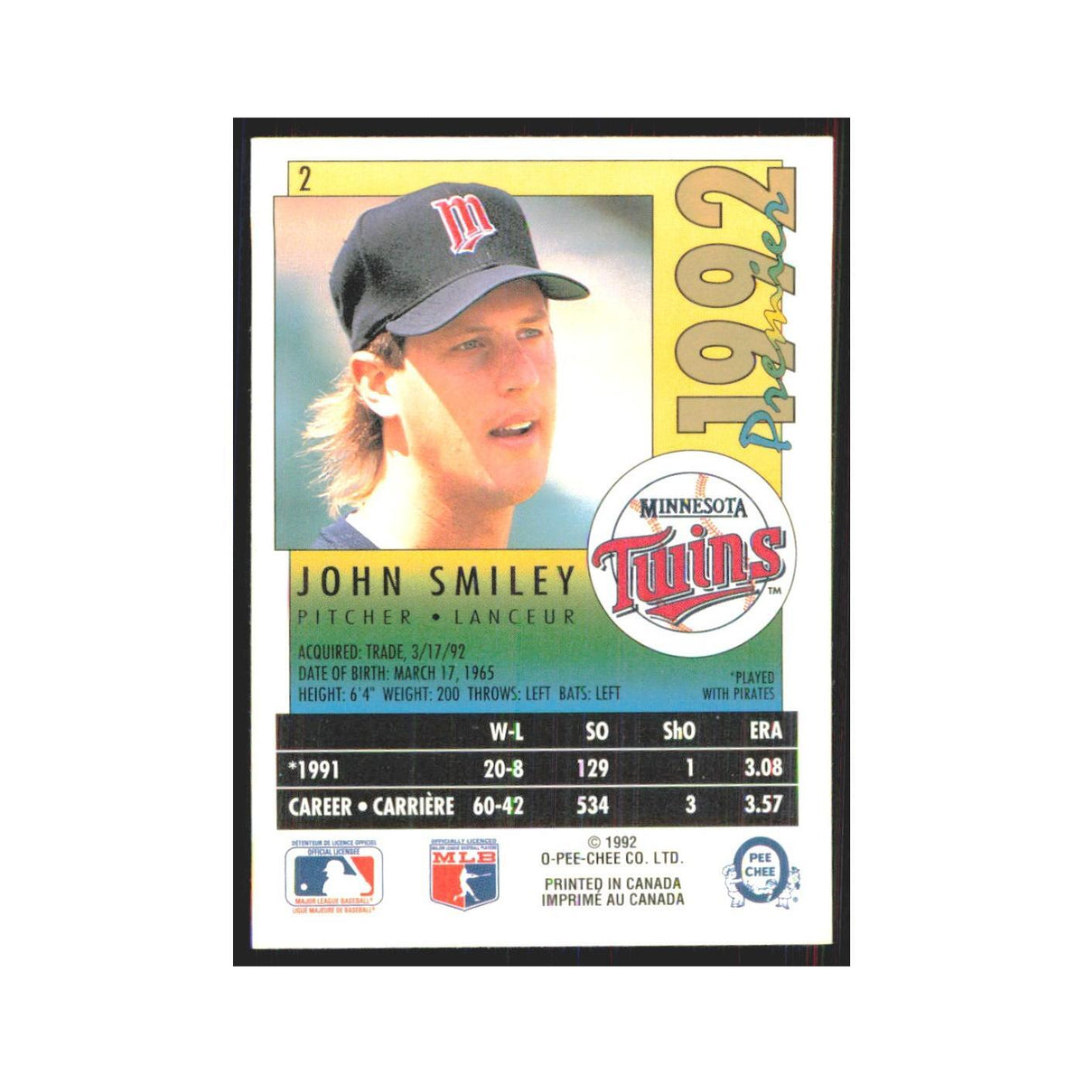 1992 O-Pee-Chee Premier John Smiley Twins #2