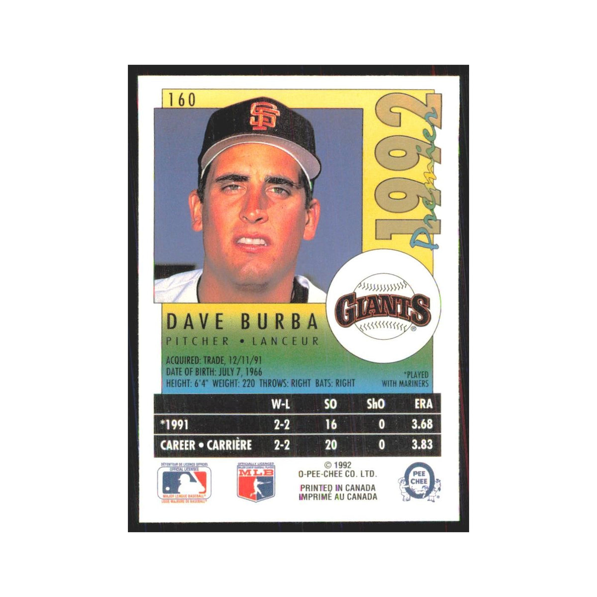 1992 O-Pee-Chee Premier Dave Burba Giants #160
