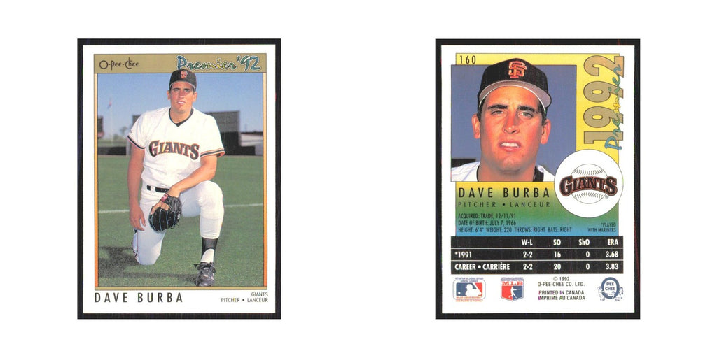 1992 O-Pee-Chee Premier Dave Burba Giants #160