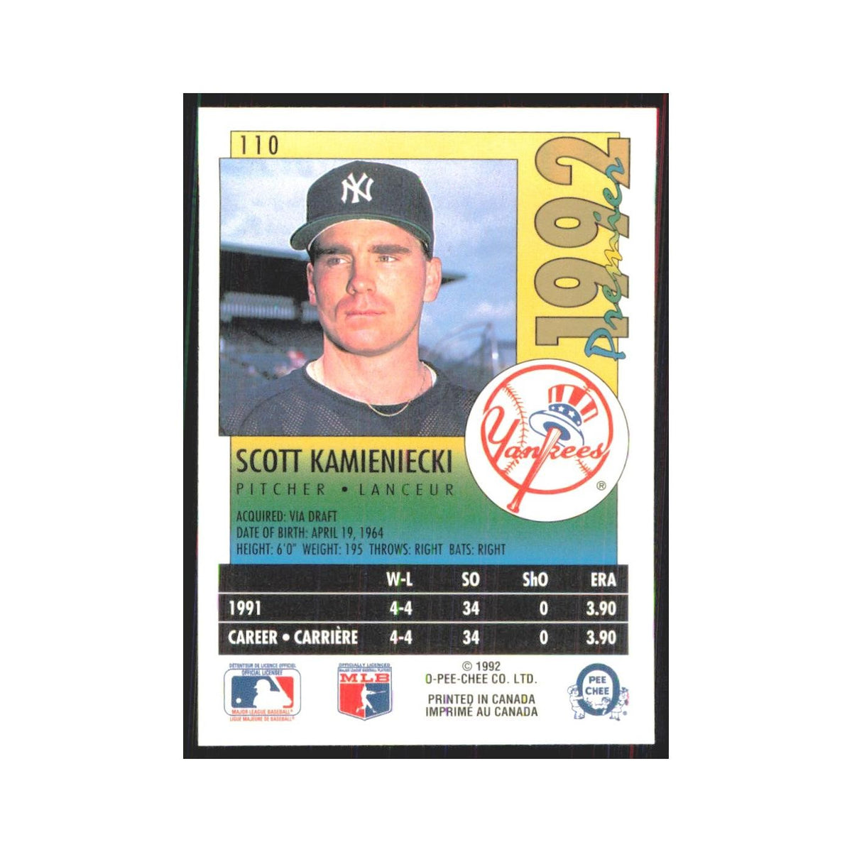 1992 O-Pee-Chee Premier Scott Kamieniecki Yankees #110