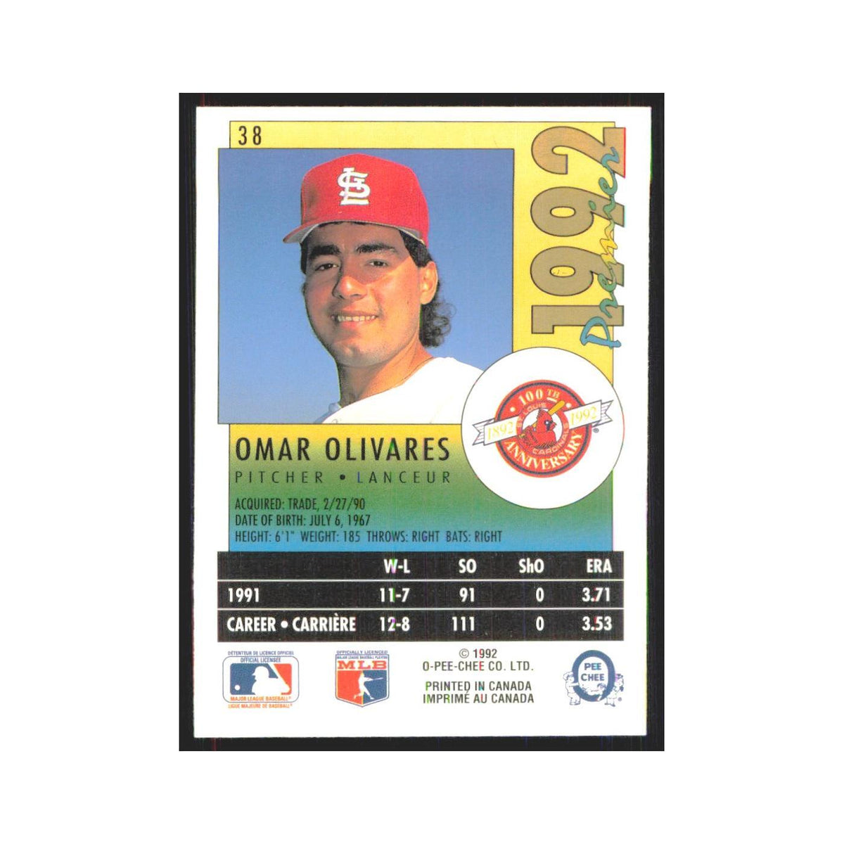 1992 O-Pee-Chee Premier Omar Olivares Cardinals #38