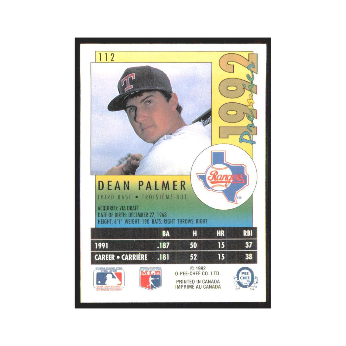 1992 O-Pee-Chee Premier Dean Palmer Rangers #112