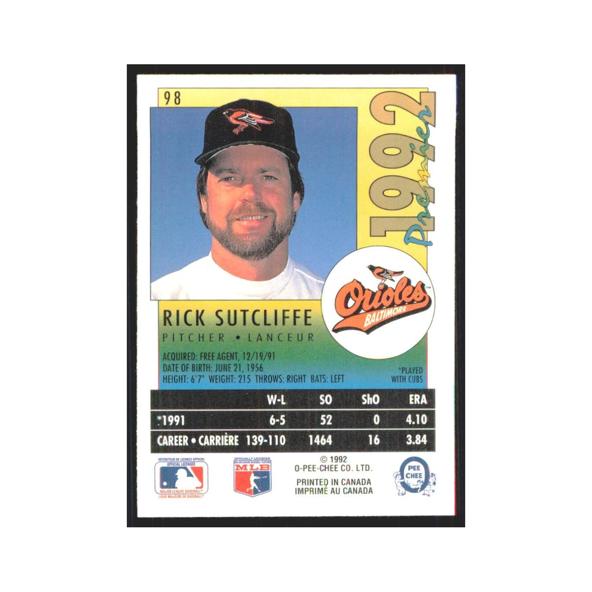 1992 O-Pee-Chee Premier Rick Sutcliffe Orioles #98