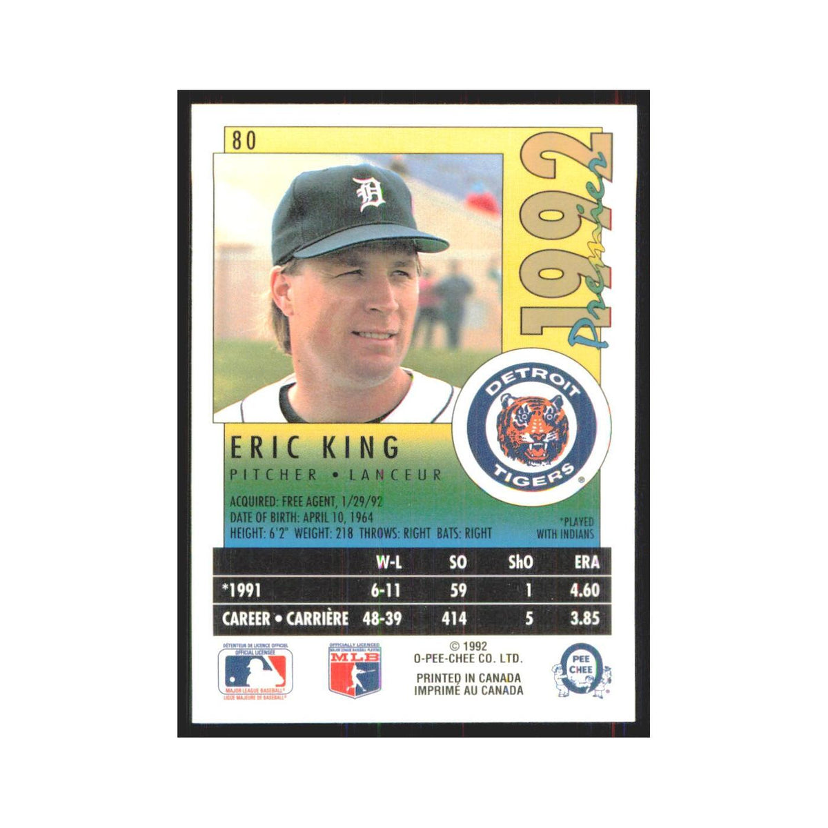1992 O-Pee-Chee Premier Eric King Tigers #80