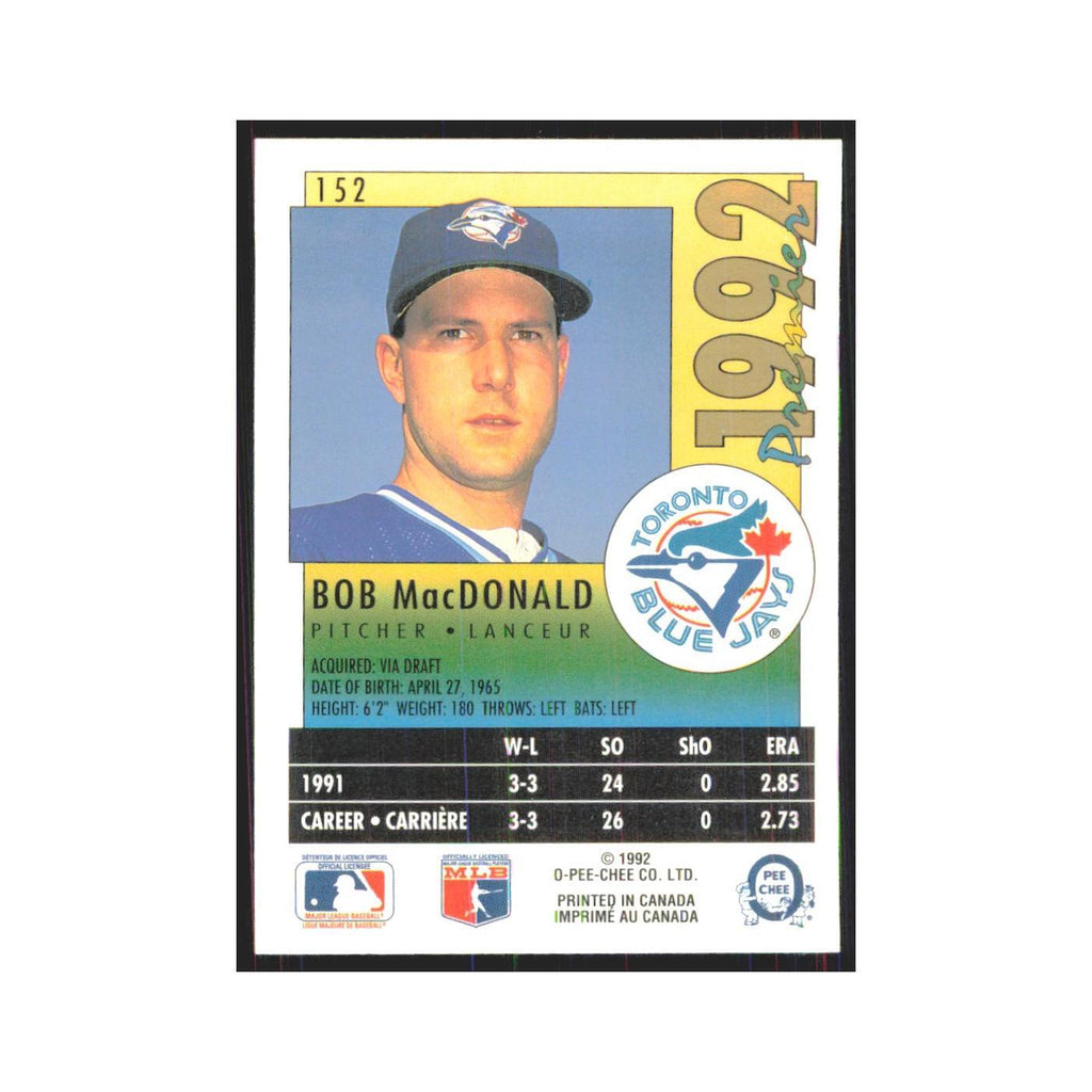 1992 O-Pee-Chee Premier Bob MacDonald Blue Jays #152