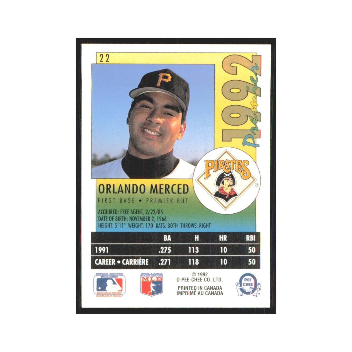 1992 O-Pee-Chee Premier Orlando Merced Pirates #22
