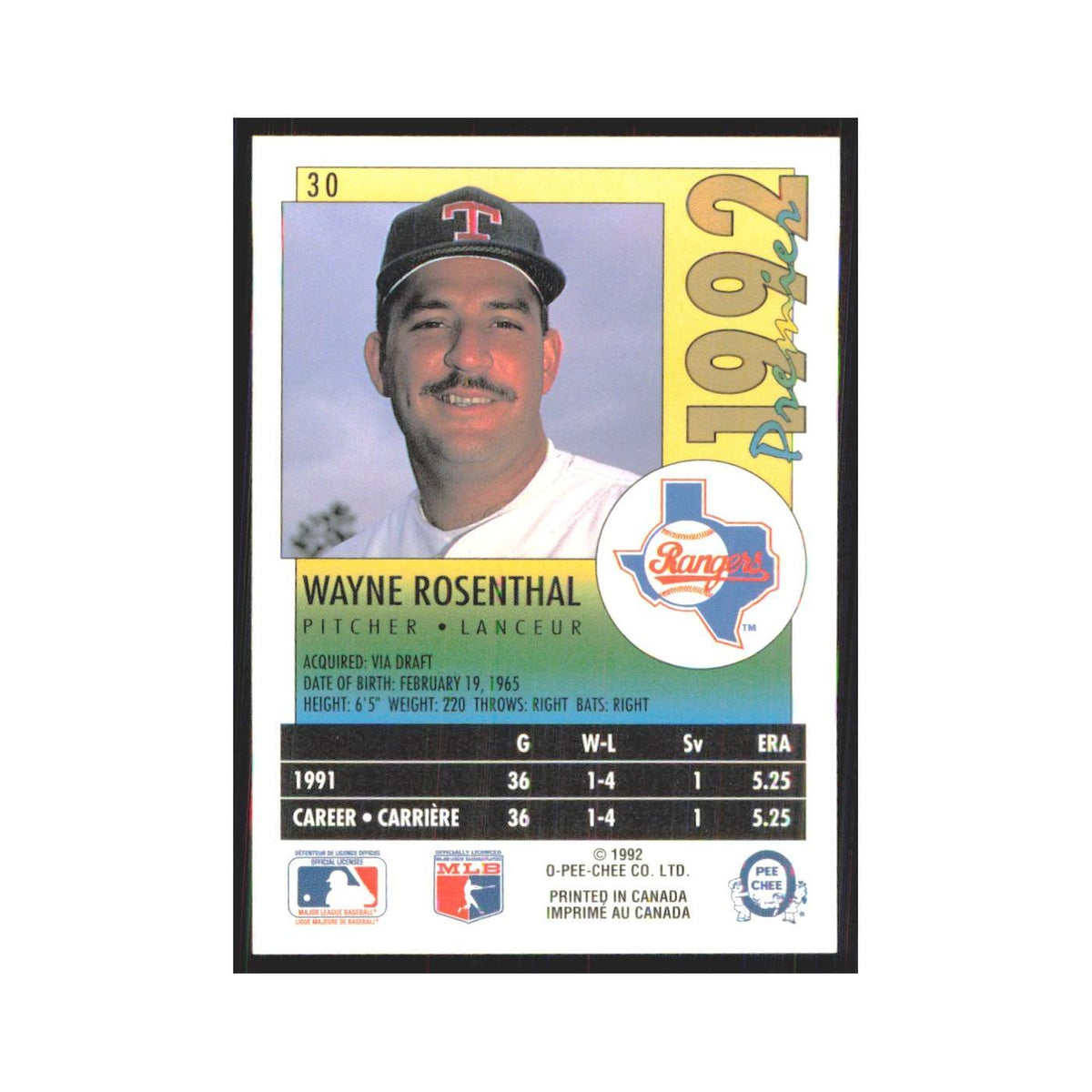 1992 O-Pee-Chee Premier Wayne Rosenthal Rangers #30
