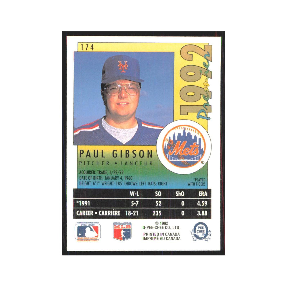 1992 O-Pee-Chee Premier Paul Gibson Mets #174