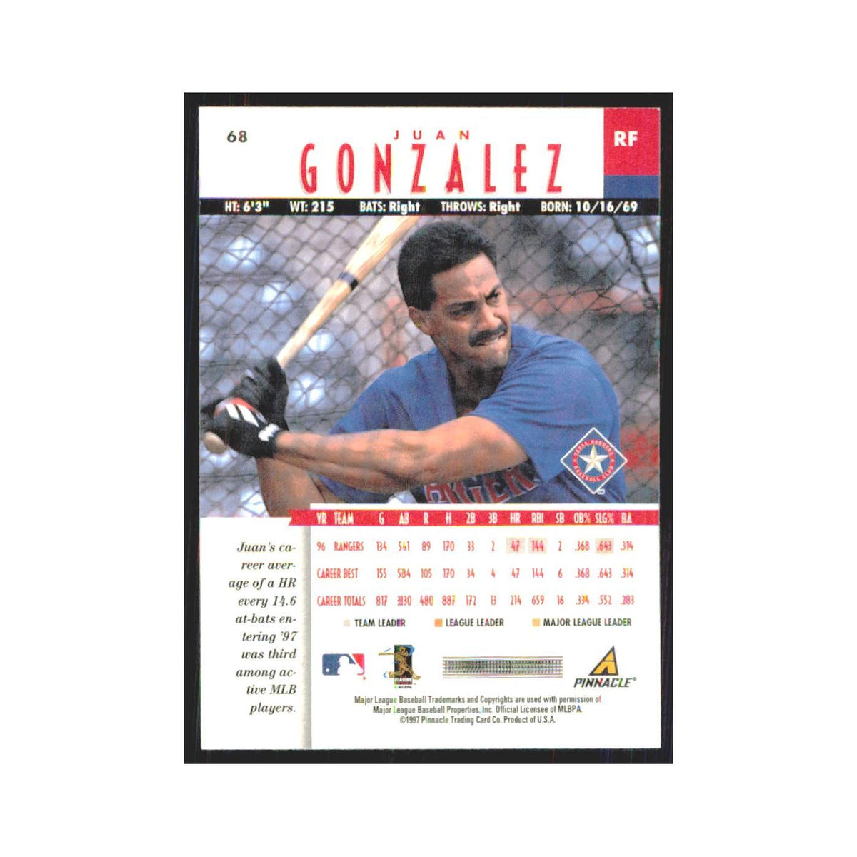 1997 Pinnacle Juan Gonzalez Rangers #68