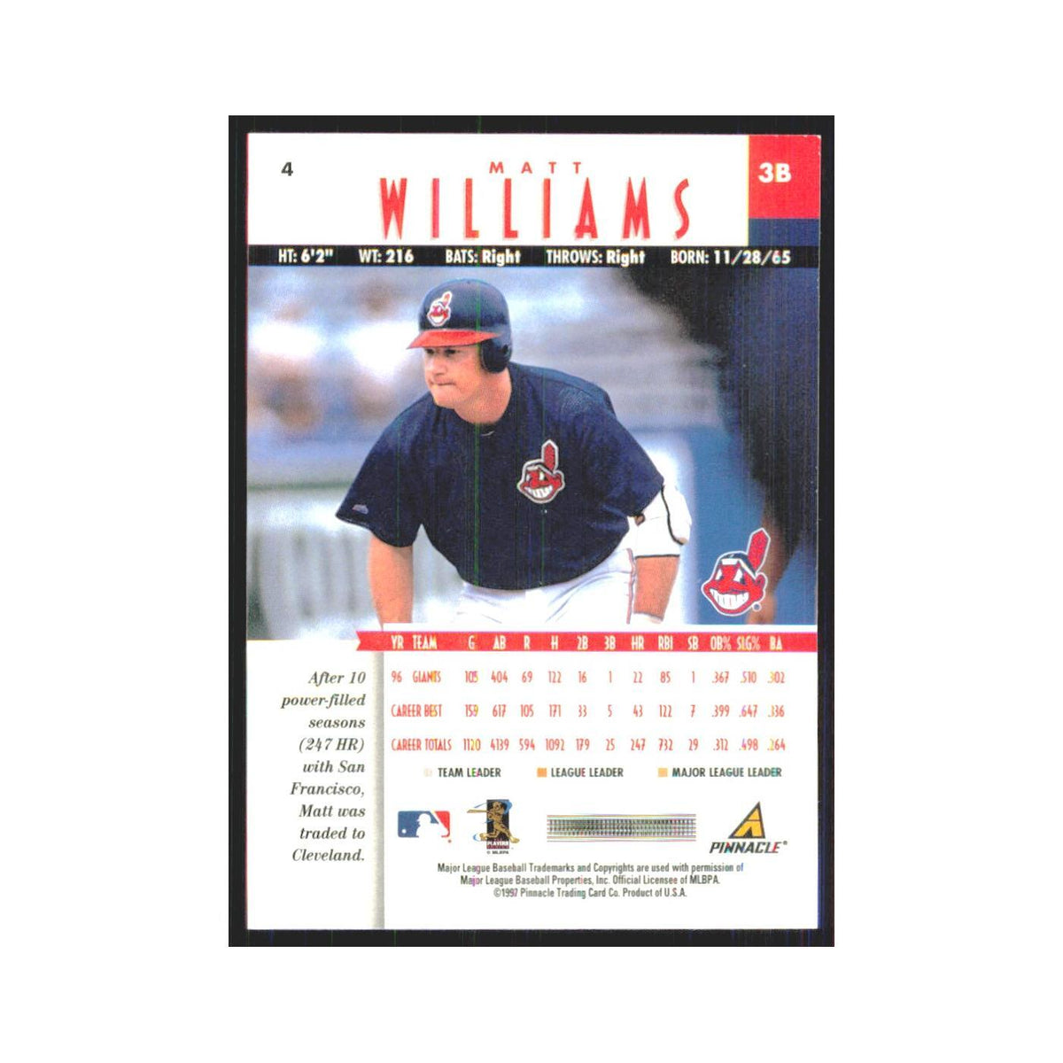 1997 Pinnacle Matt Williams Indians #4