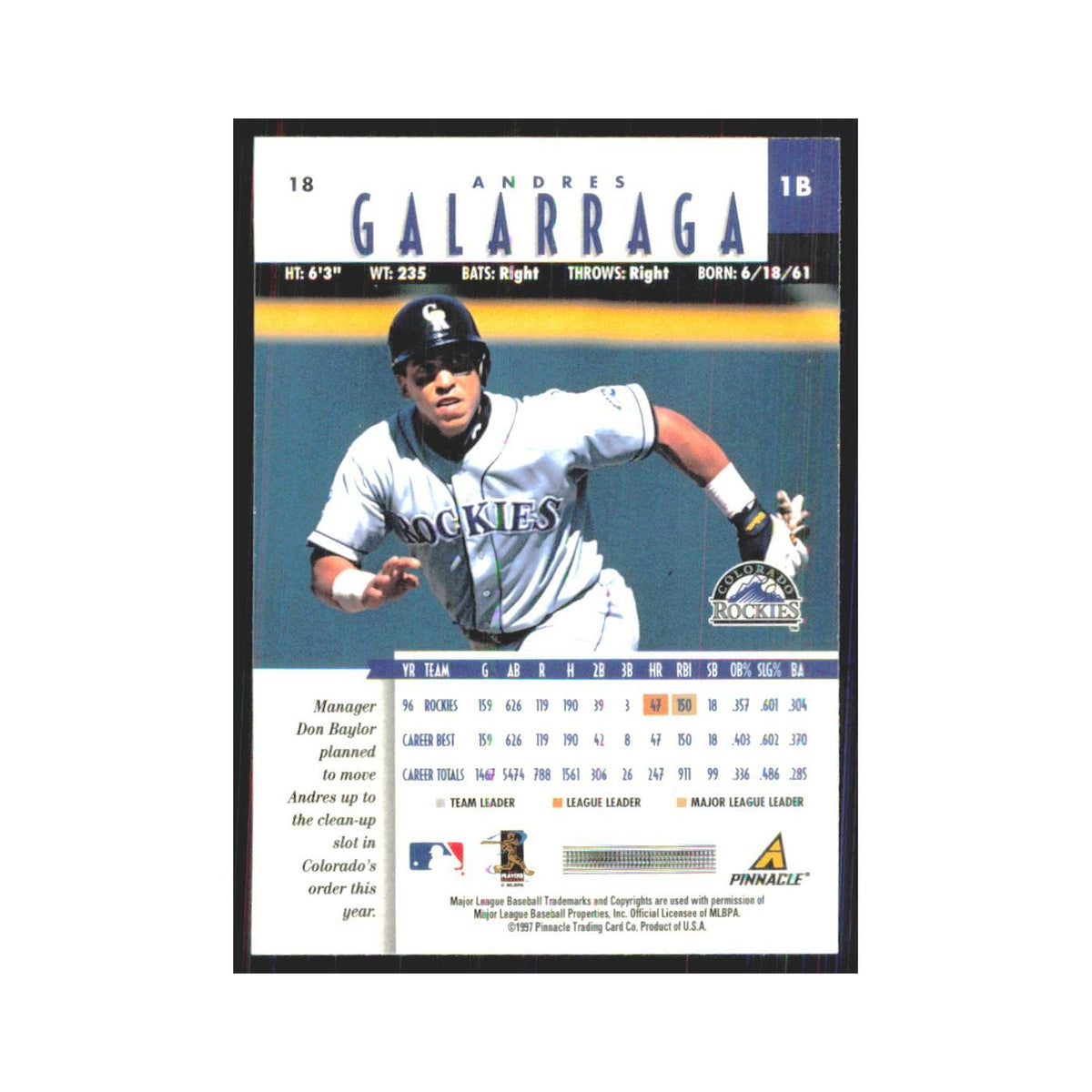 1997 Pinnacle Andres Galarraga Rockies #18