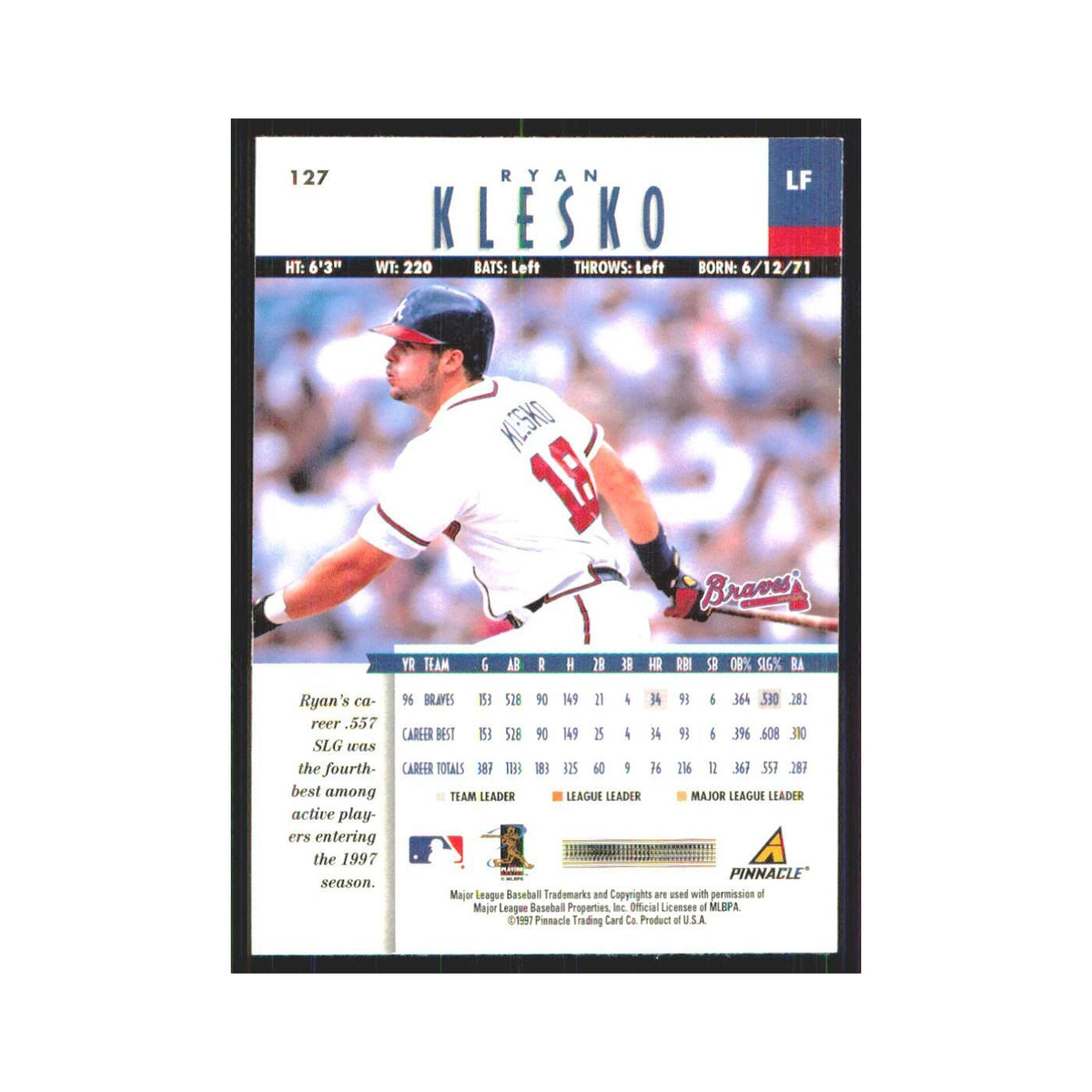 1997 Pinnacle Ryan Klesko Braves #127