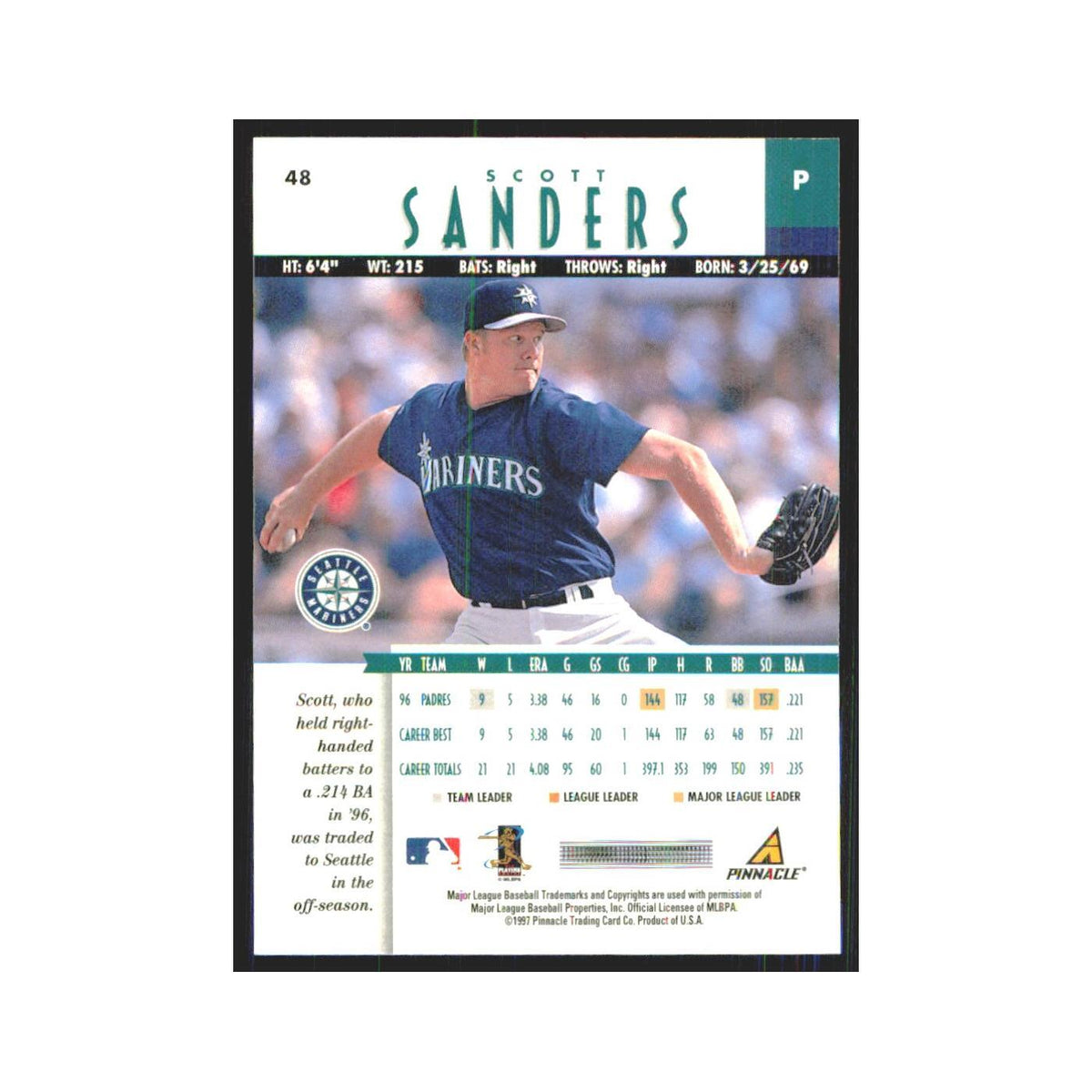 1997 Pinnacle Scott Sanders Mariners #48