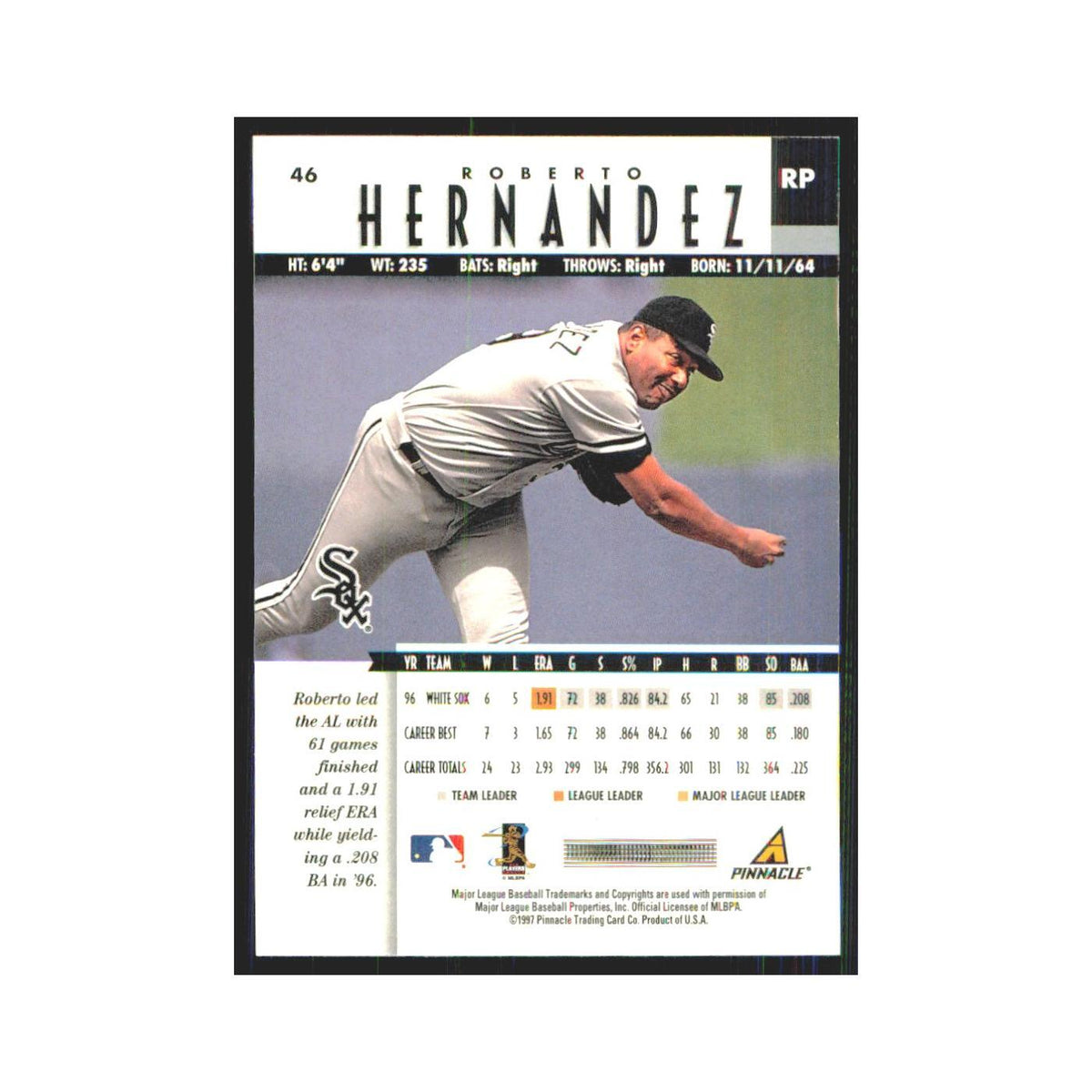1997 Pinnacle Roberto Hernandez White Sox #46