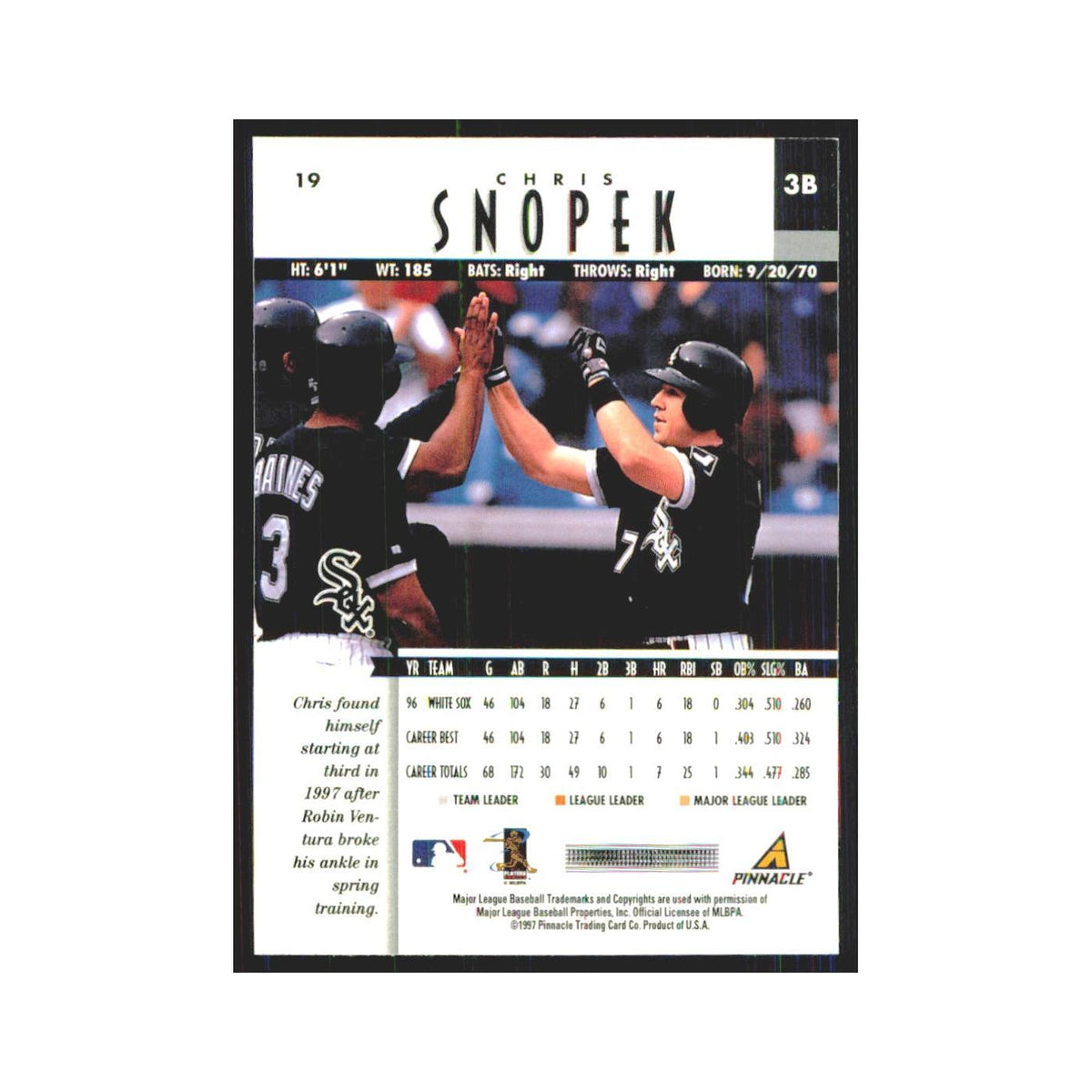 1997 Pinnacle Chris Snopek White Sox #19