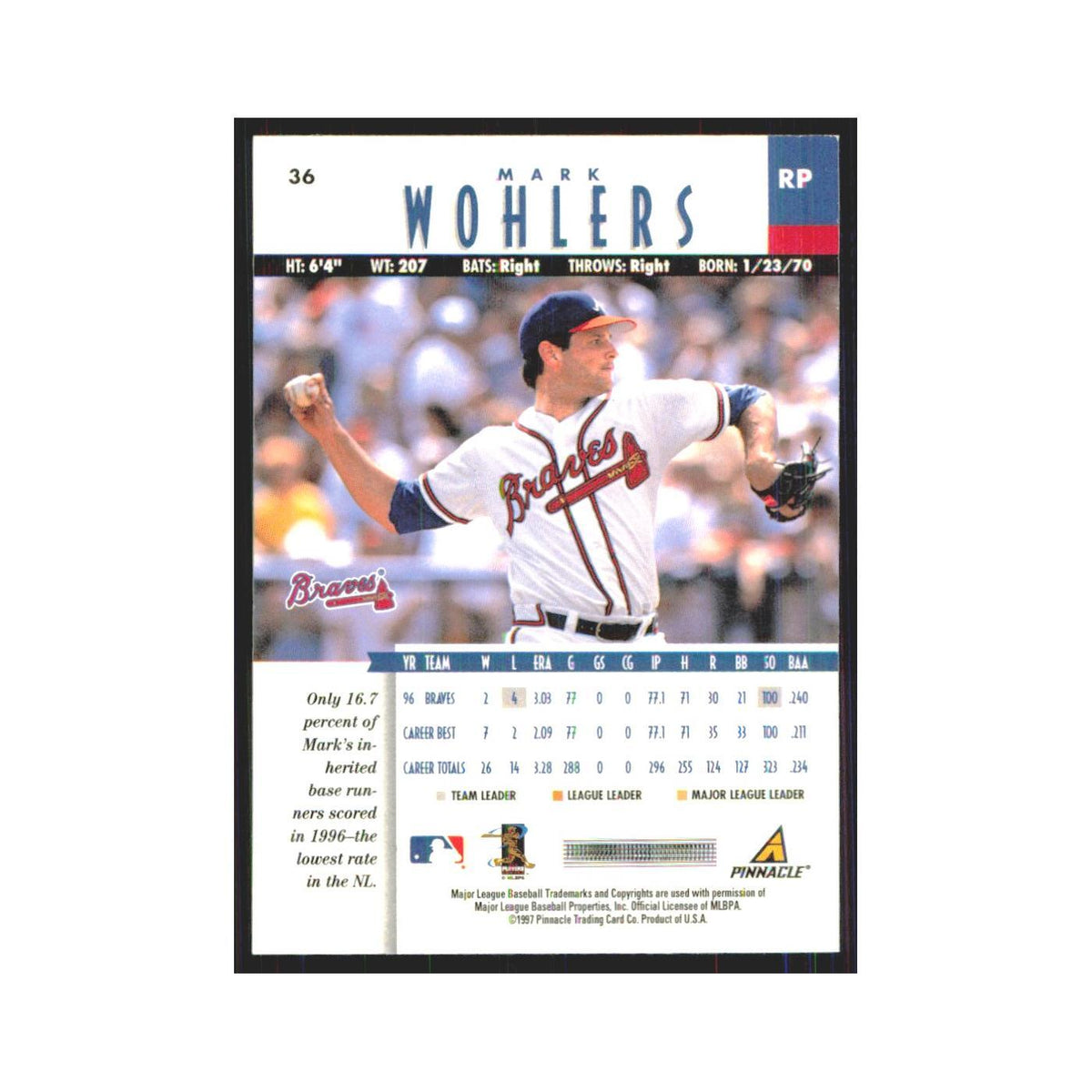 1997 Pinnacle Mark Wohlers Braves #36