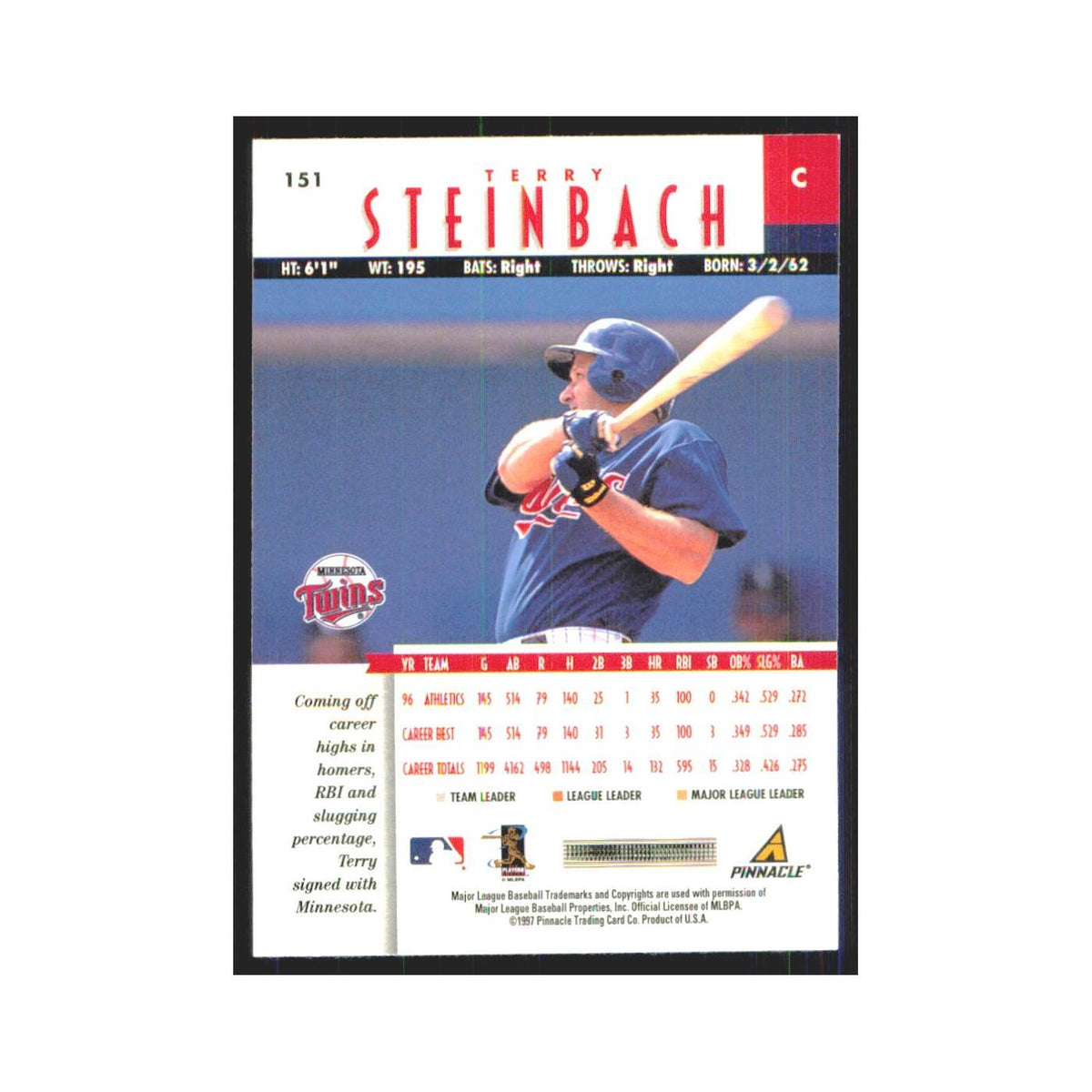 1997 Pinnacle Terry Steinbach Twins #151