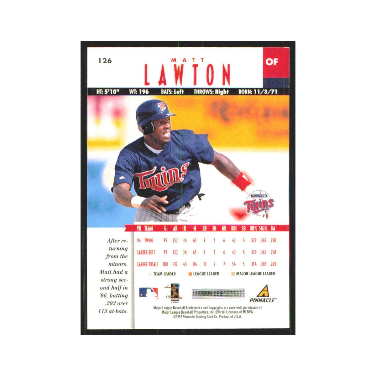 1997 Pinnacle Matt Lawton Twins #126