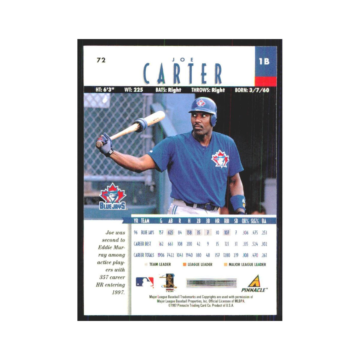 1997 Pinnacle Joe Carter Blue Jays #72
