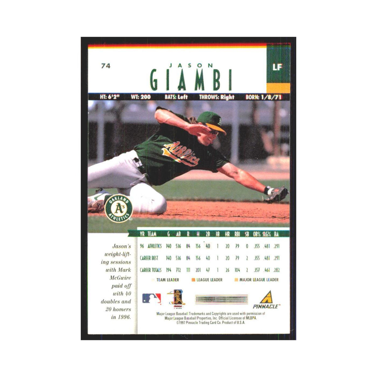1997 Pinnacle Jason Giambi Athletics #74