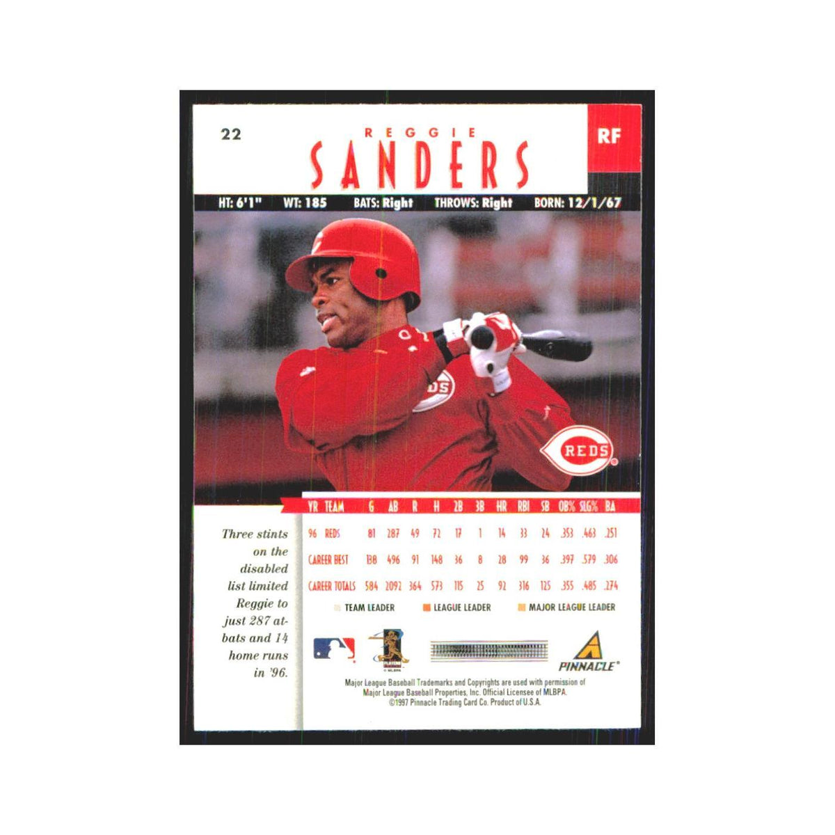 1997 Pinnacle Reggie Sanders Reds #22