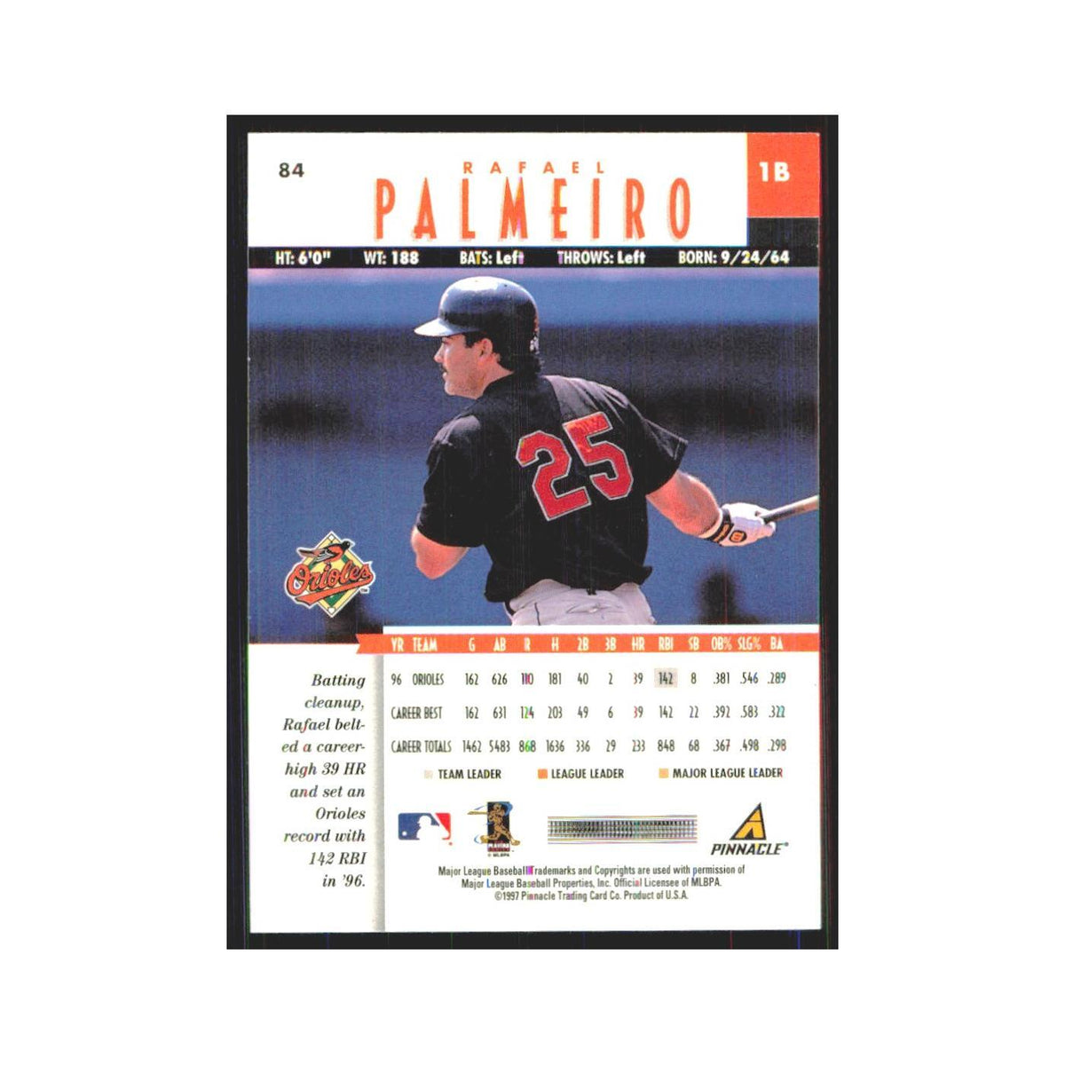 1997 Pinnacle Rafael Palmeiro Orioles #84