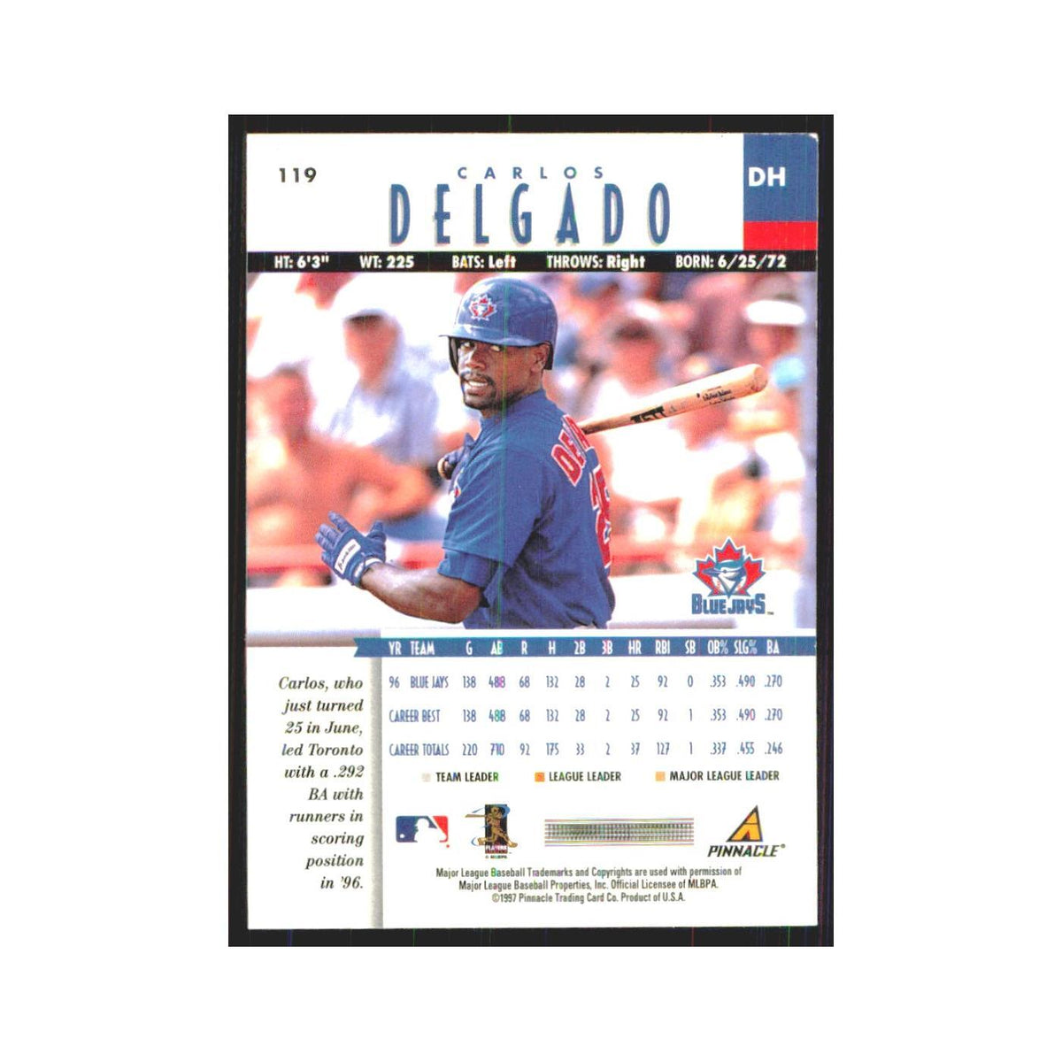 1997 Pinnacle Carlos Delgado Blue Jays #119