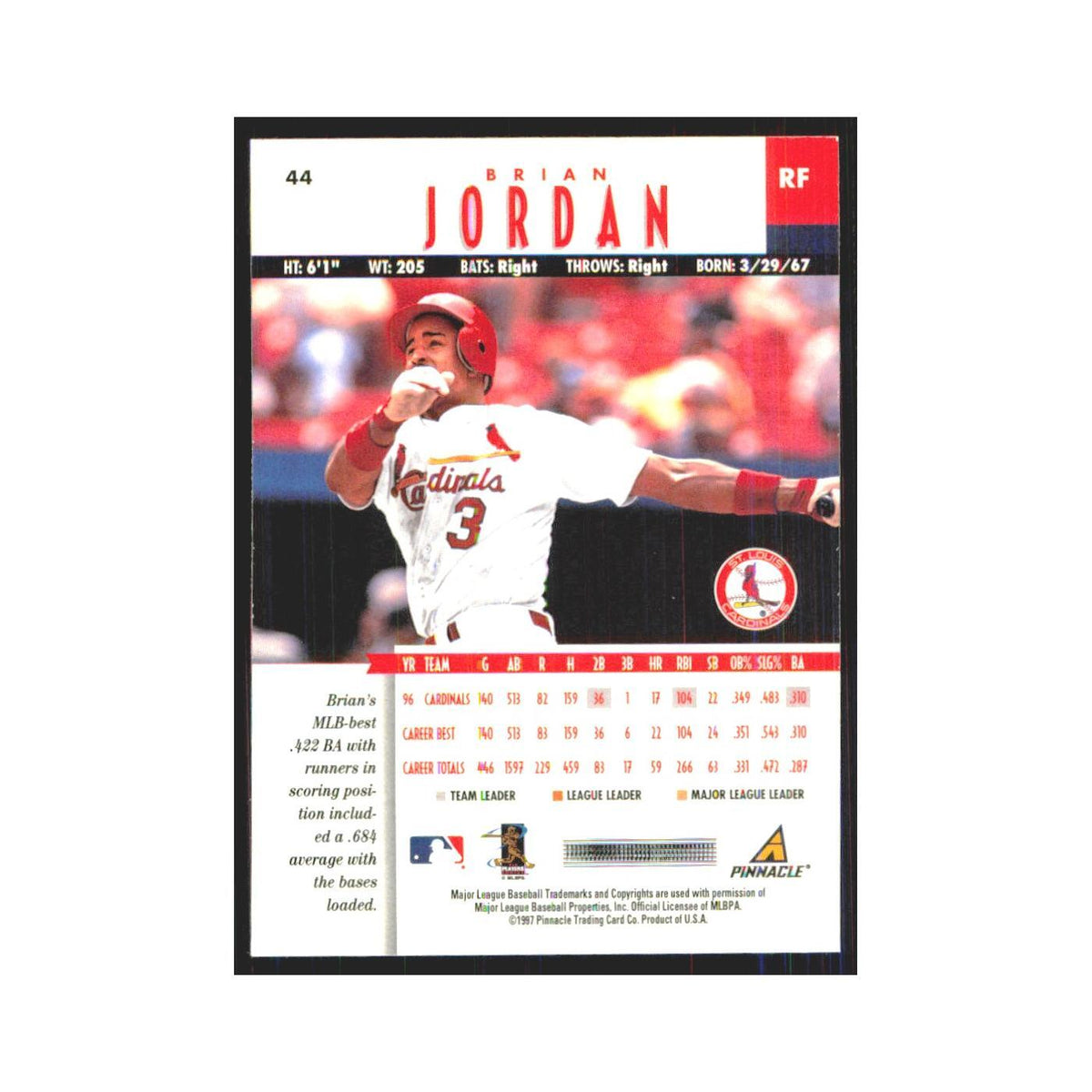 1997 Pinnacle Brian Jordan Cardinals #44