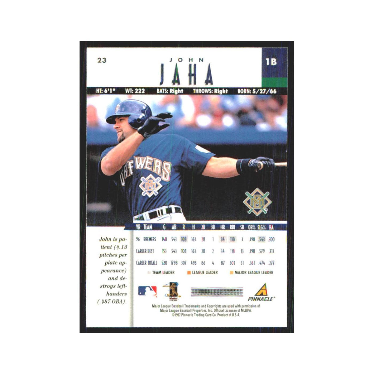 1997 Pinnacle John Jaha Brewers #23
