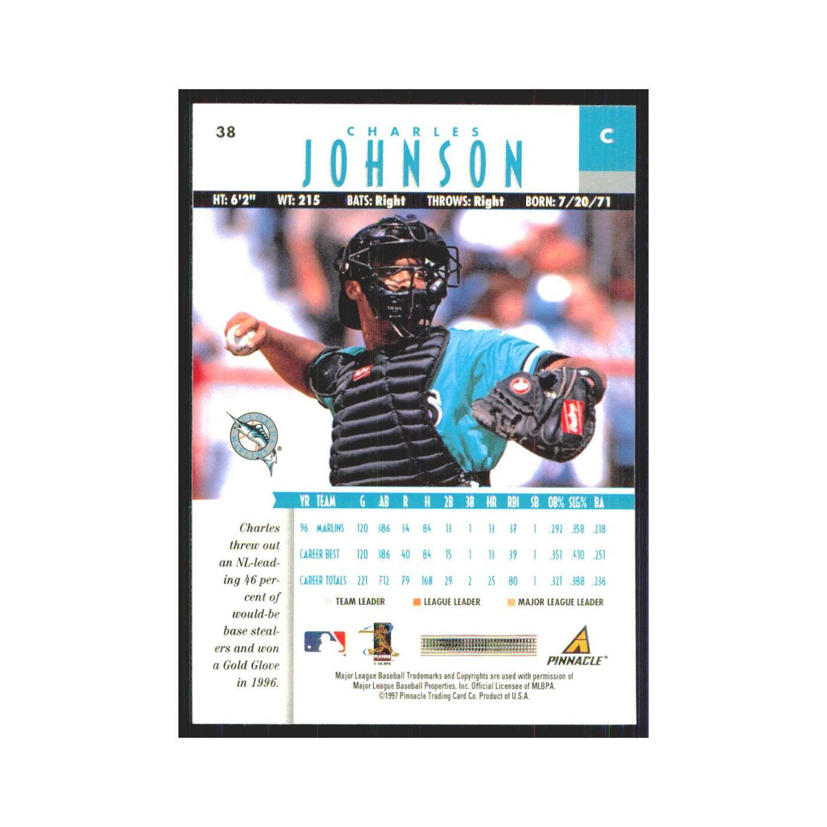 1997 Pinnacle Charles Johnson Florida Marlins #38