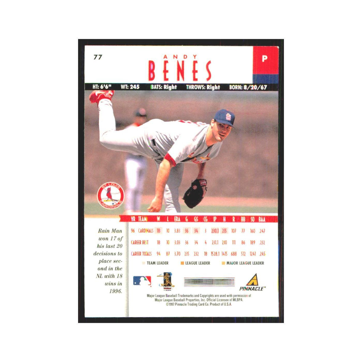1997 Pinnacle Andy Benes Cardinals #77